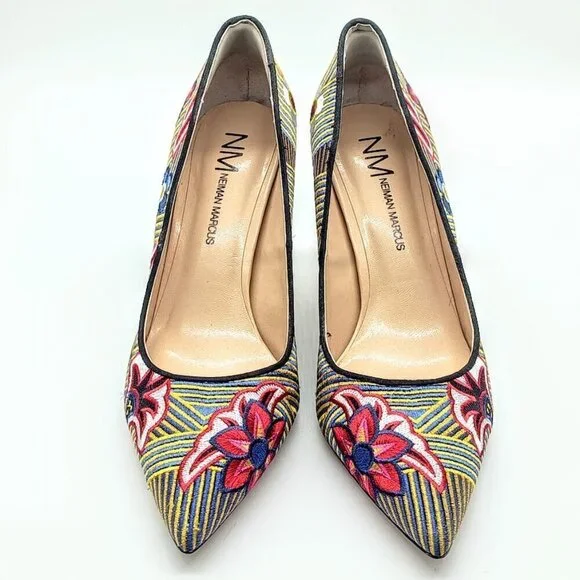 Neiman Marcus Multicolor Floral Striped Embroidered Heels 8M